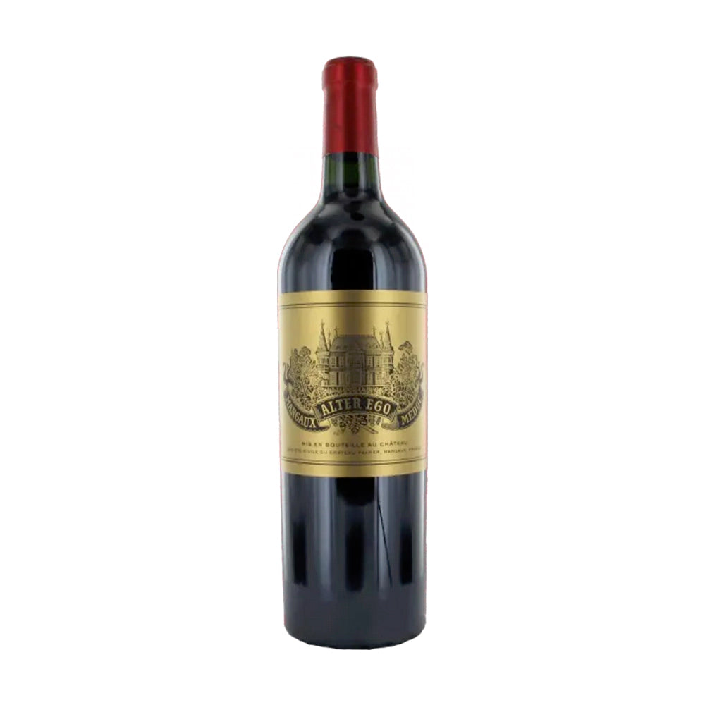 Red wine bottle with a gold label on a white background